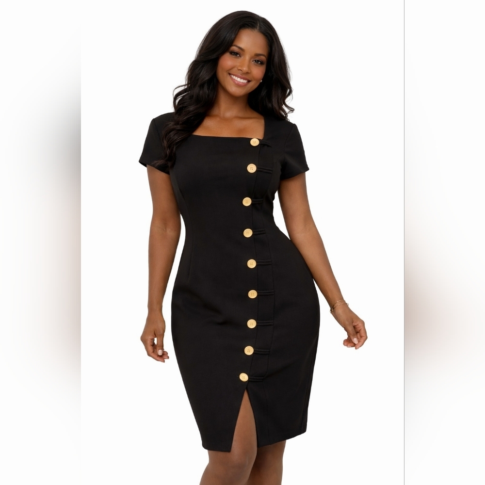 Shelby & Palmer Size 8 Black Asymmetrical Midi Dress with Gold Button Accents